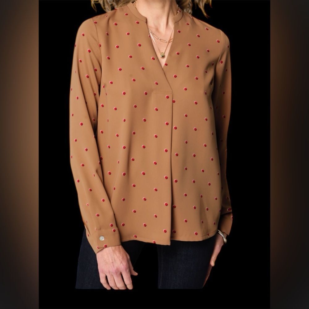 J. Jill Wearever Easy Care Pleated Brown Blouse with pink Dots Soft Long Sleeve